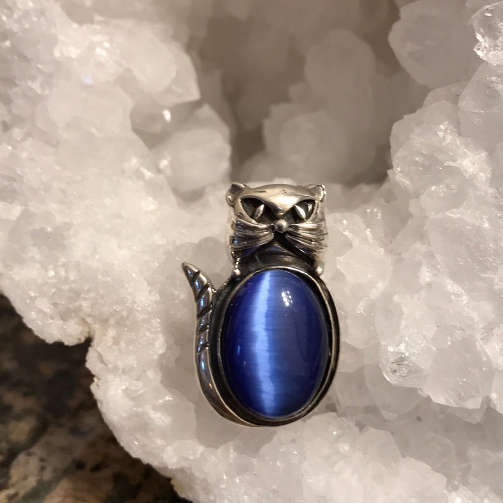 STERLING SILVER CAT PIN W/BLUE CATS EYE 144.00 NWT
